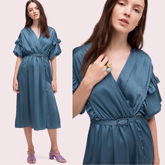 kate spade Dresses & Skirts - Kate Spade • Belted Satin Midi Dress ruffle trim short sleeve Antique Blue